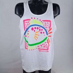 Vintage 1988 Pinwheels neon fish oversized white LG summer tank top t-shirt